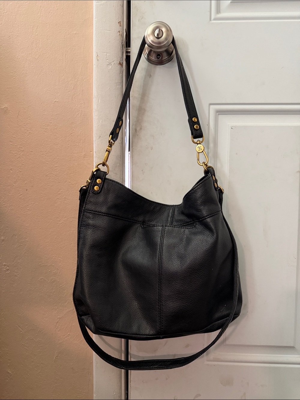 Black Leather Hobo Bag with Gold Hardware